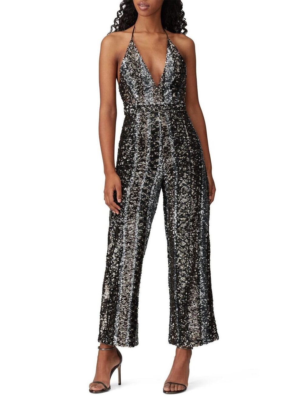 Bardot Black Silver Sequin Halter Jumpsuit Romper Wide Leg Size XS US 4